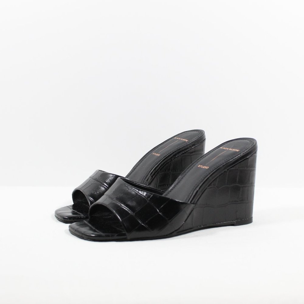 Black Suede Studio Chloe Wedge Sandal - Black Croc 36.5EU